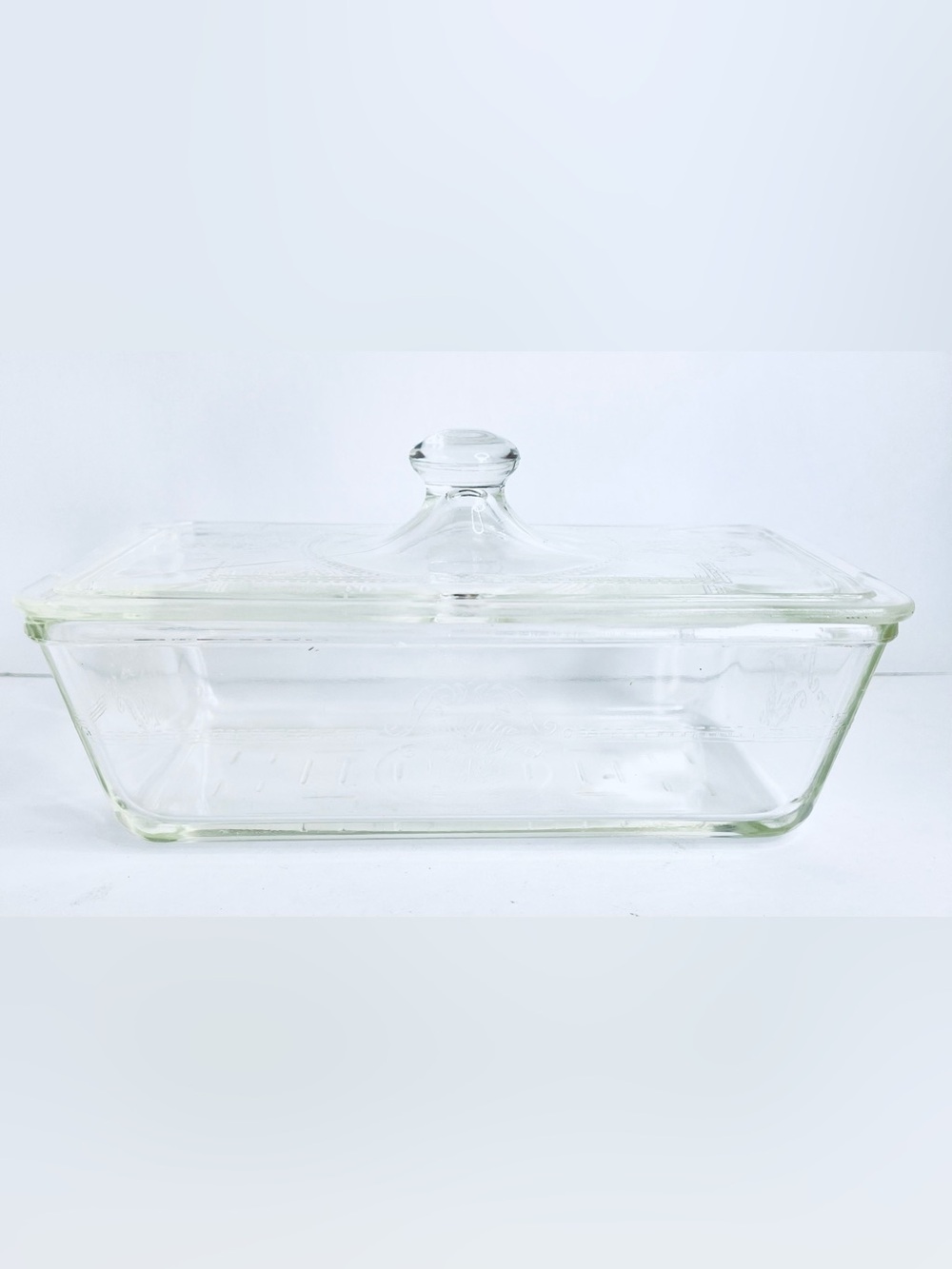 Vintage Glasbake 254 Refrigerator Dish Clear Glass Embossed Lid 1.5 Qt USA